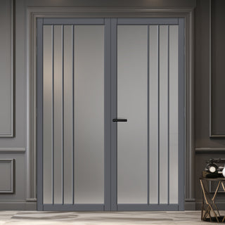Image: Tula Solid Wood Internal Door Pair UK Made DD0104F Frosted Glass - Stormy Grey Premium Primed - Urban Lite® Bespoke Sizes