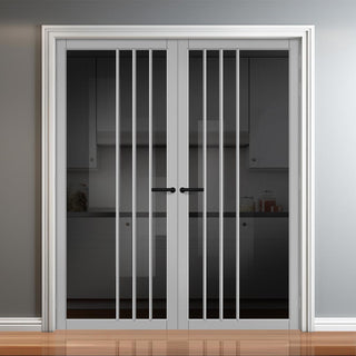 Image: Tula Solid Wood Internal Door Pair UK Made DD0104T Tinted Glass - Mist Grey Premium Primed - Urban Lite® Bespoke Sizes