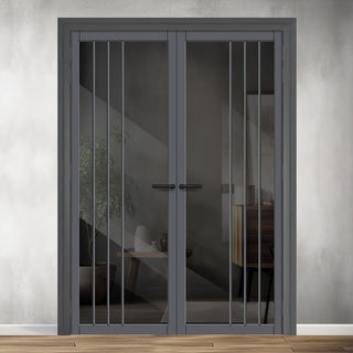 Image: Tula Solid Wood Internal Door Pair UK Made DD0104T Tinted Glass - Stormy Grey Premium Primed - Urban Lite® Bespoke Sizes