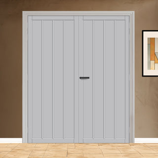 Image: Adiba Panel Solid Wood Internal Door Pair UK Made DD0106P - Mist Grey Premium Primed - Urban Lite® Bespoke Sizes