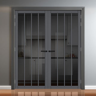 Image: Adiba Solid Wood Internal Door Pair UK Made DD0106T Tinted Glass - Stormy Grey Premium Primed - Urban Lite® Bespoke Sizes