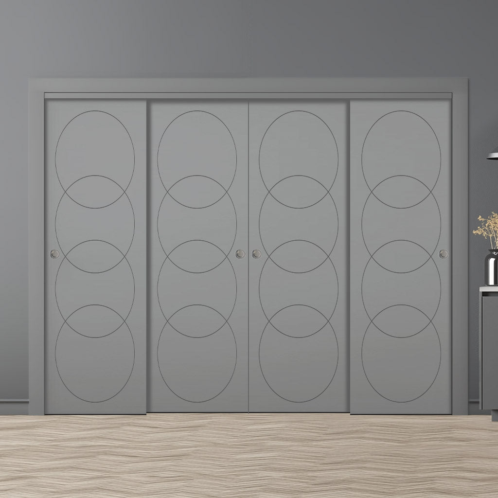 Four Sliding Maximal Wardrobe Doors & Frame Kit - V-Line® Grooved Flush Door V011 - Premium Primed - Six Colour Options