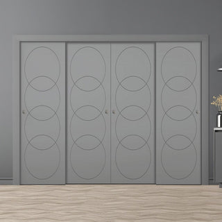 Image: Four Sliding Minimal Wardrobe Doors & Frame Kit - V-Line® Grooved Flush Door V011 - Premium Primed - Six Colour Options