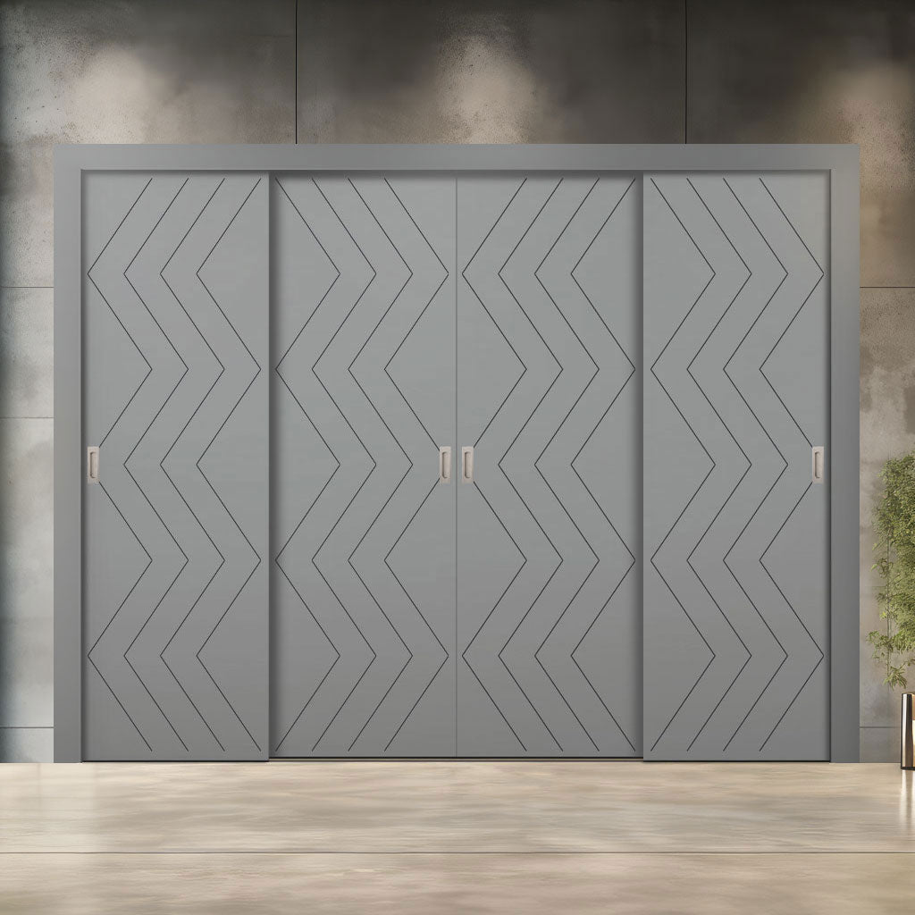 Four Sliding Minimal Wardrobe Doors & Frame Kit - V-Line® Grooved Flush Door V031 - Premium Primed - Six Colour Options