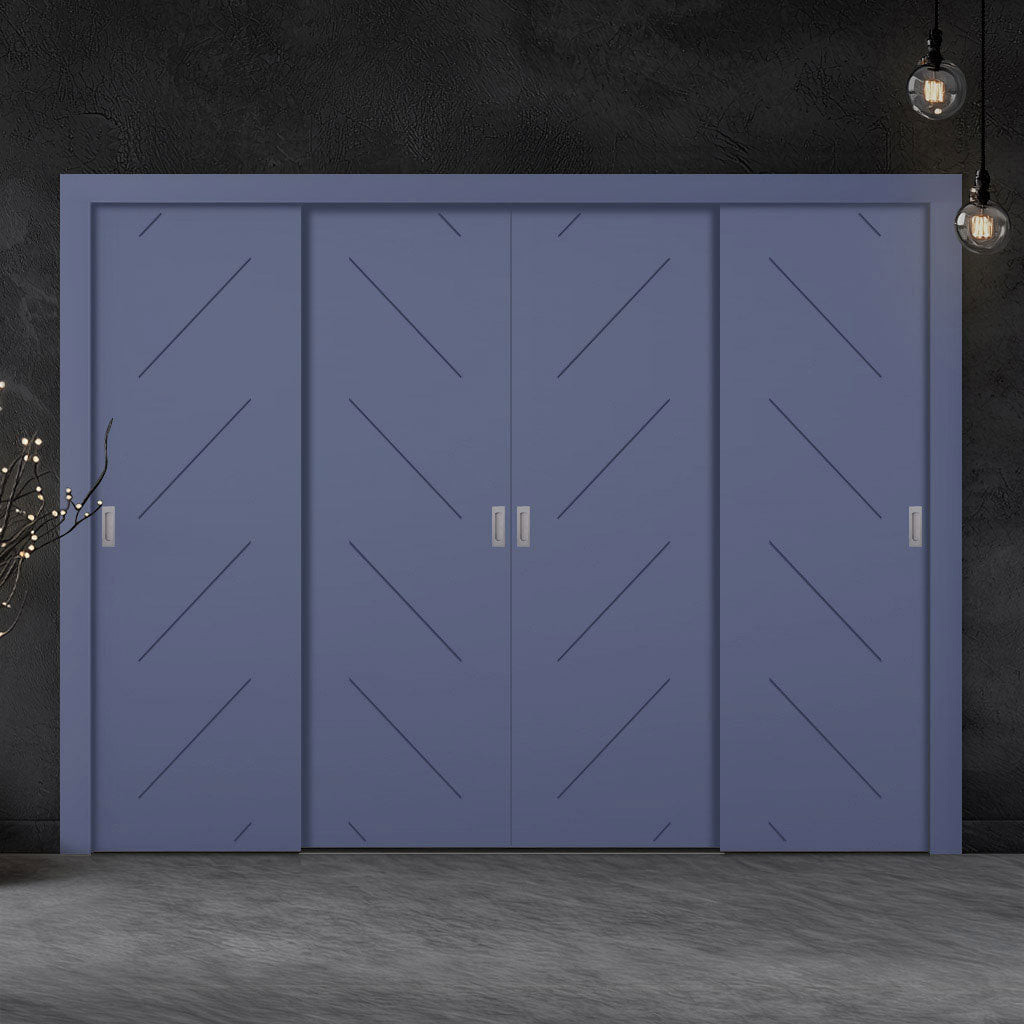 Four Sliding Minimal Wardrobe Doors & Frame Kit - V-Line® Grooved Flush Door V070 - Premium Primed - Six Colour Options