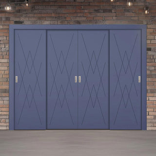 Image: Four Sliding Minimal Wardrobe Doors & Frame Kit - V-Line® Grooved Flush Door V077 - Premium Primed - Six Colour Options