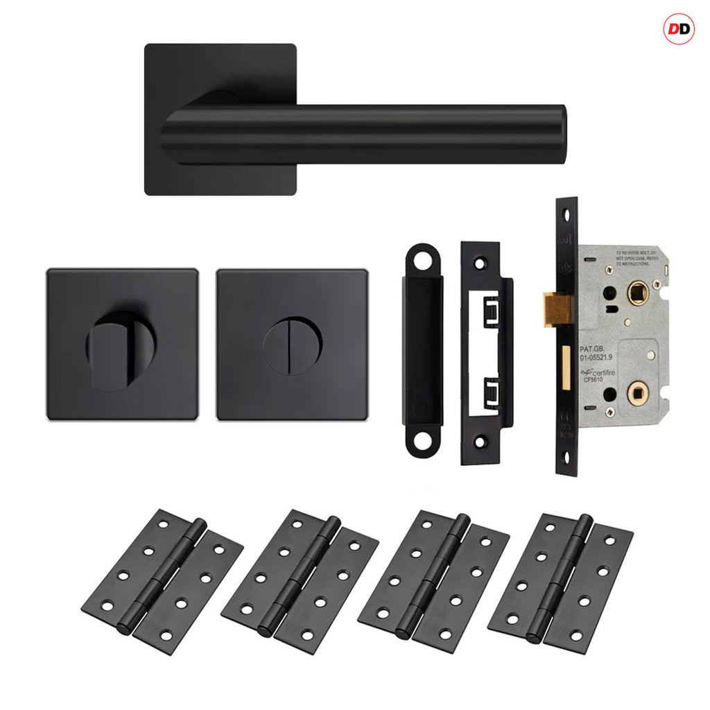 Orlando Door Lever Bathroom Handle Pack 4 Square Hinges Matt Black