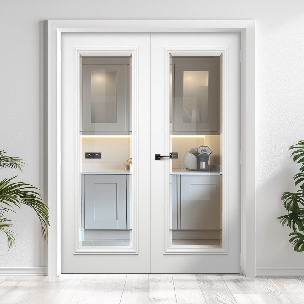 Blenheim White Primed Internal Door Pair - Clear Bevelled Glass