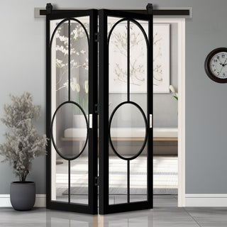 Image: Sliding Top Mounted Black Folding Track & Double Door - Bowery Black Internal Door - Clear Glass - Prefinished