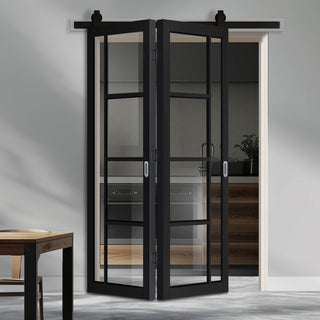 Image: Sliding Top Mounted Black Folding Track & Double Door - Brixton Black Door - Prefinished - Clear Glass - Urban Collection