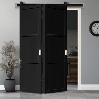 Image: Sliding Top Mounted Black Folding Track & Double Door - Camden Black Door - Prefinished - Urban Collection