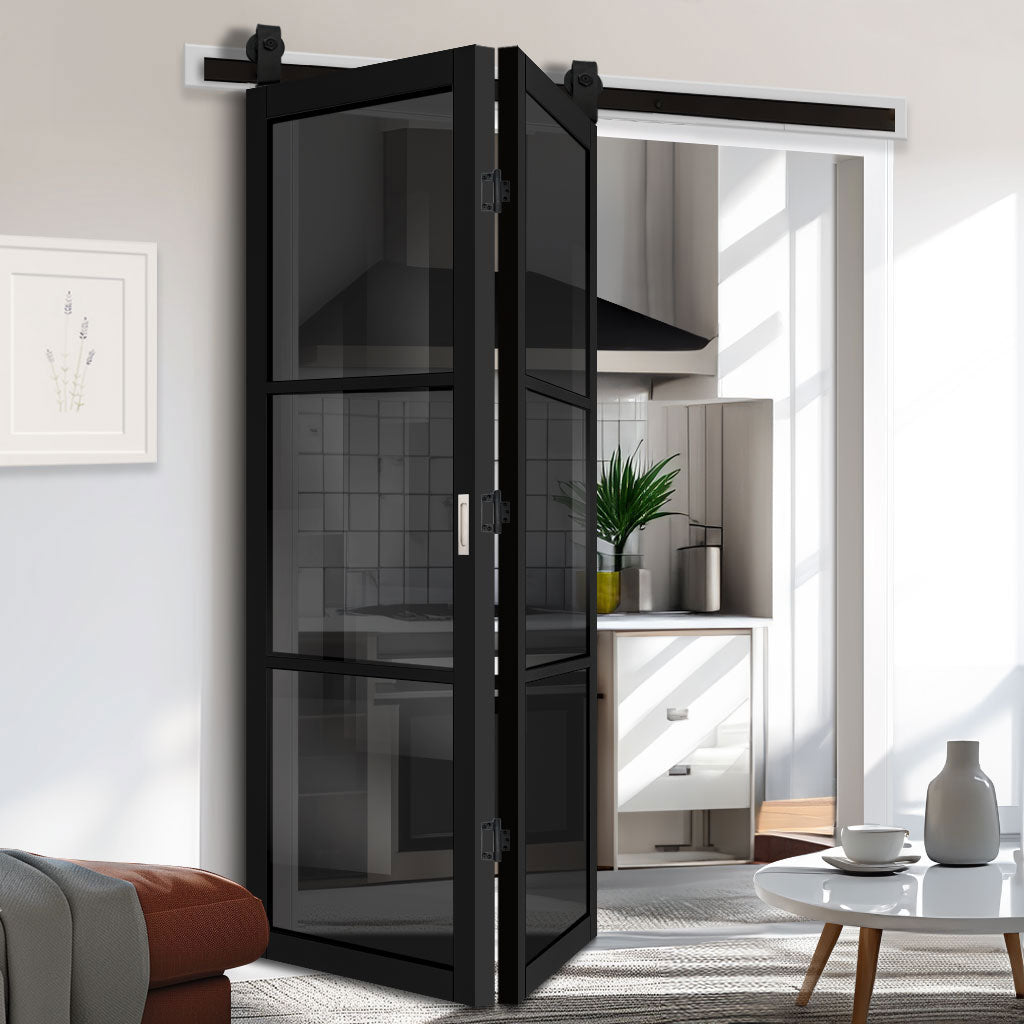 Sliding Top Mounted Black Folding Track & Double Door - Camden Black Door - Prefinished - Tinted Glass - Urban Collection