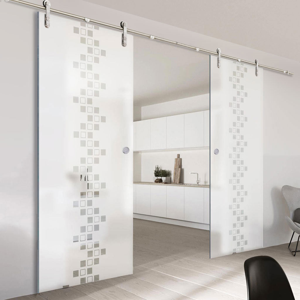 Double Glass Sliding Door - Solaris Tubular Stainless Steel Sliding Track & Carrington 8mm Obscure Glass - Clear Printed Design
