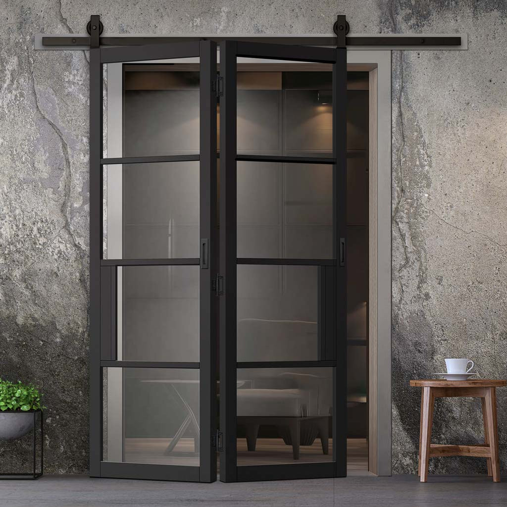 Sliding Top Mounted Black Folding Track & Double Door - Chelsea 4 Pane Black Primed Door - Clear Glass