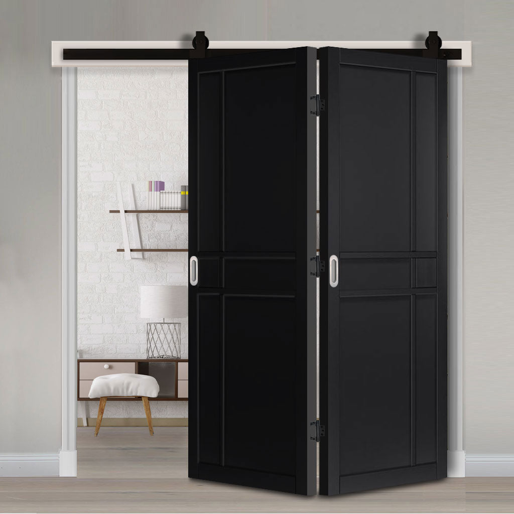 SpaceEasi Top Mounted Black Folding Track & Double Door - Industrial City Black Panel Internal Door - Prefinished