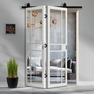 Image: Sliding Top Mounted Black Folding Track & Double Door - Industrial City White Internal Door - Clear Glass - Prefinished