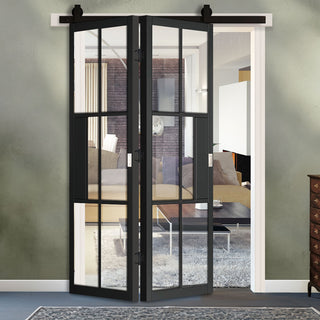 Image: Sliding Top Mounted Black Folding Track & Double Door - Industrial Civic Black Internal Door - Clear Glass - Prefinished