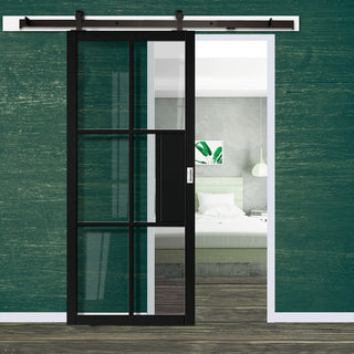 Image: Top Mounted Black Sliding Track & Door - Industrial Civic Black Internal Door - Clear Glass - Prefinished