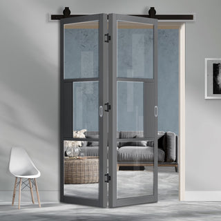 Image: SpaceEasi Top Mounted Black Folding Track & Double Door - Industrial Cosmo Graphite Grey Internal Door - Clear Glass - Laminated - Prefinished