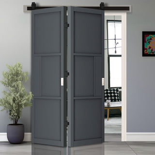 Image: SpaceEasi Top Mounted Black Folding Track & Double Door - Industrial Cosmo Graphite Grey Internal Door - Laminated - Prefinished