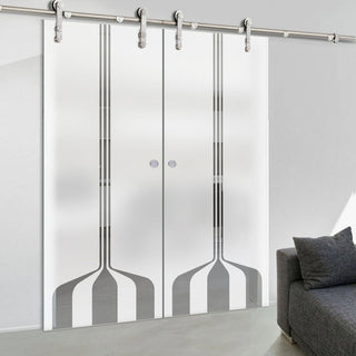 Image: Double Glass Sliding Door - Solaris Tubular Stainless Steel Sliding Track & Crombie 8mm Obscure Glass - Clear Printed Design