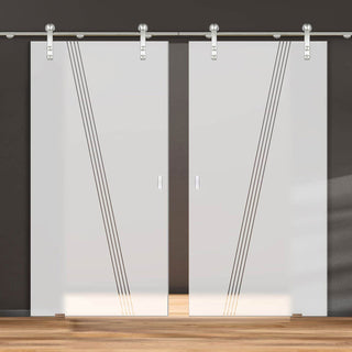 Image: Double Glass Sliding Door - Solaris Tubular Stainless Steel Sliding Track & Dean 8mm Obscure Glass - Clear Printed Design