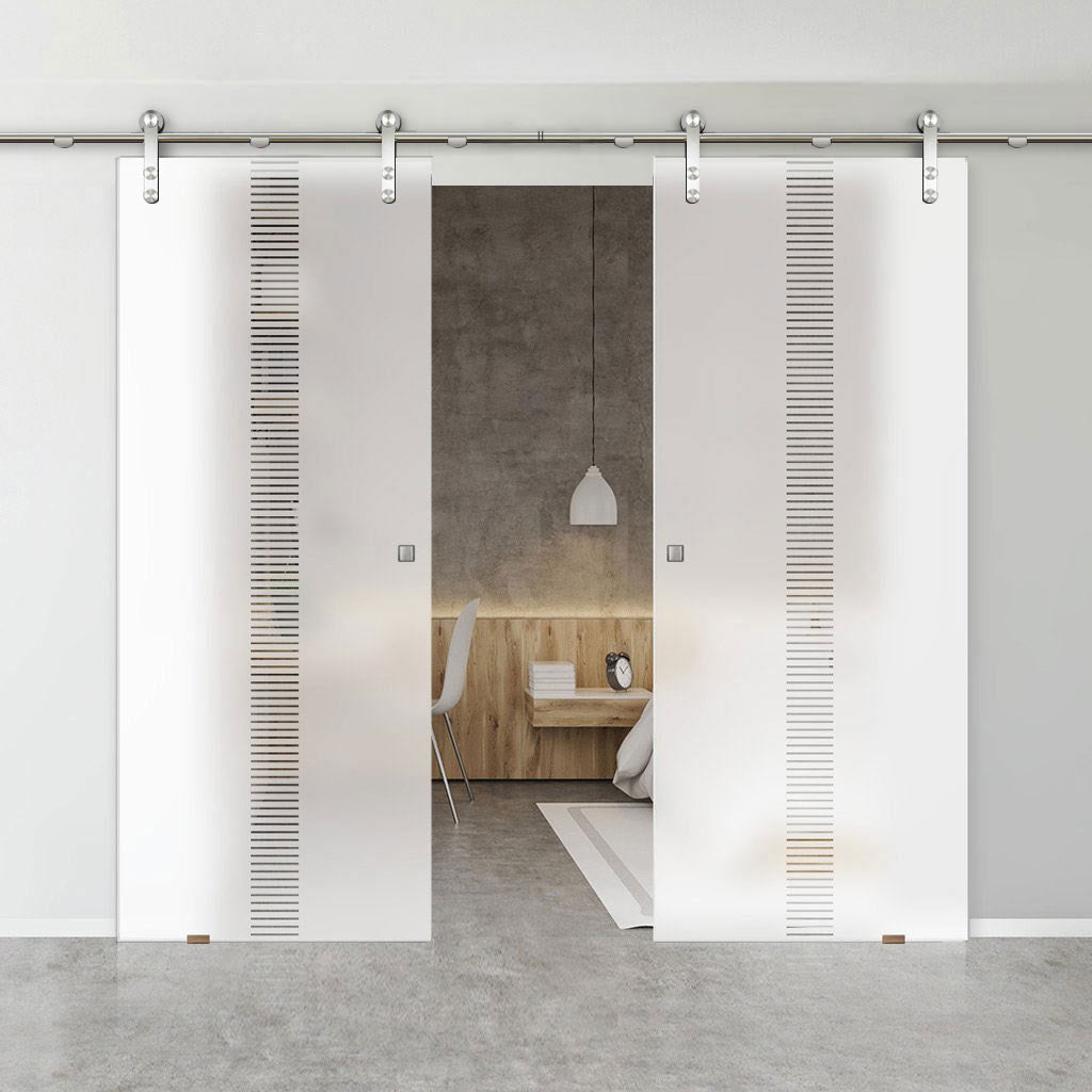 Double Glass Sliding Door - Solaris Tubular Stainless Steel Sliding Track & Duns 8mm Obscure Glass - Clear Printed Design