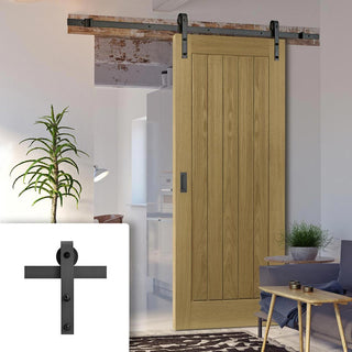 Image: Single Sliding Door & Black Barn Track - Ely Unfinished Oak Door