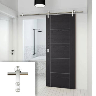 Image: Saturn Tubular Stainless Steel Sliding Track & Laminate Vancouver Black Door - Prefinished