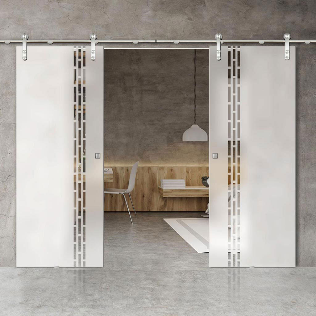 Double Glass Sliding Door - Solaris Tubular Stainless Steel Sliding Track & Garvald 8mm Obscure Glass - Clear Printed Design