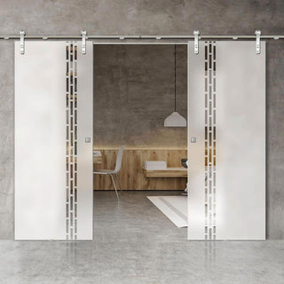 Image: Double Glass Sliding Door - Solaris Tubular Stainless Steel Sliding Track & Garvald 8mm Obscure Glass - Clear Printed Design