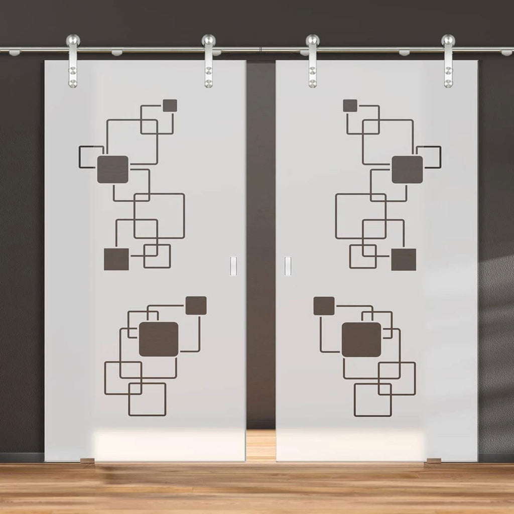 Double Glass Sliding Door - Solaris Tubular Stainless Steel Sliding Track & Geometric Pattern 8mm Obscure Glass - Clear Printed Design