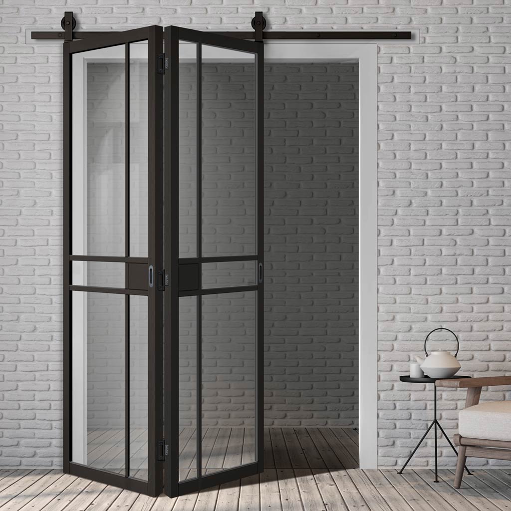 Sliding Top Mounted Black Folding Track & Double Door - Greenwich Black Painted Door - Clear Glass - Prefinished