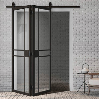Image: Sliding Top Mounted Black Folding Track & Double Door - Greenwich Black Painted Door - Clear Glass - Prefinished