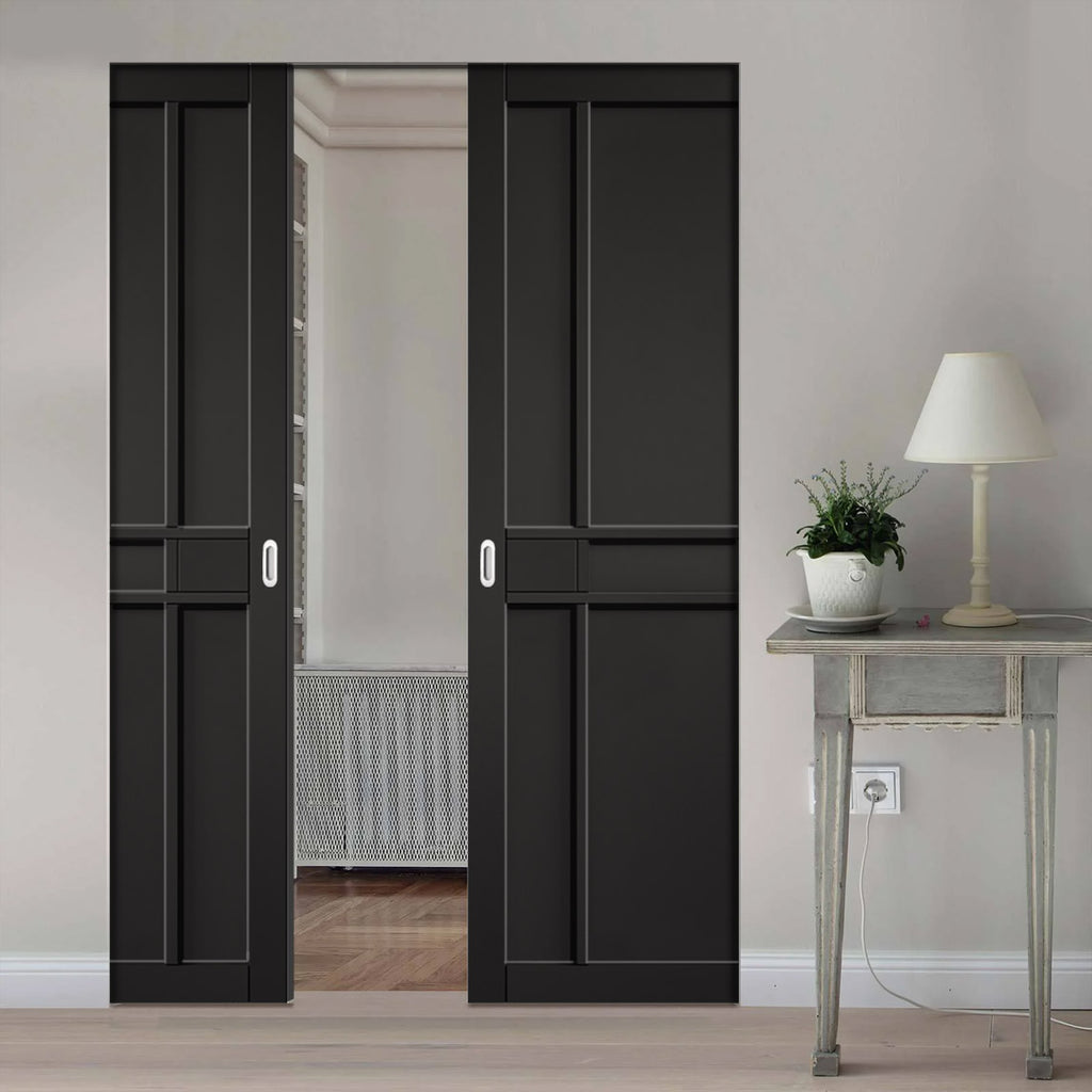Greenwich Panel Black Painted Absolute Evokit Double Pocket Doors - Prefinished