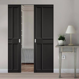 Image: Greenwich Panel Black Painted Absolute Evokit Double Pocket Doors - Prefinished