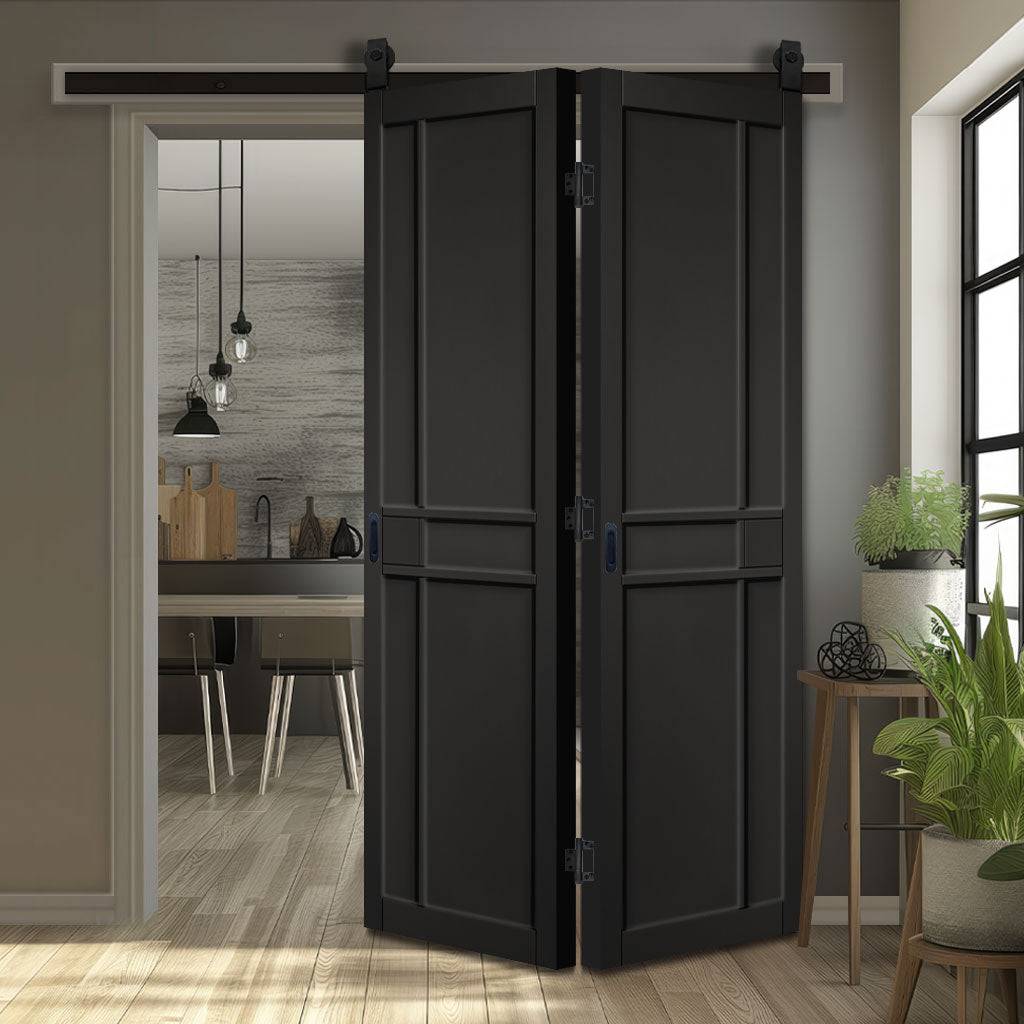 Sliding Top Mounted Black Folding Track & Double Door - Greenwich Panel Black Painted Internal Door - Prefinished