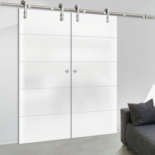 Image: Double Glass Sliding Door - Solaris Tubular Stainless Steel Sliding Track & Gullane 8mm Obscure Glass - Obscure Printed Design