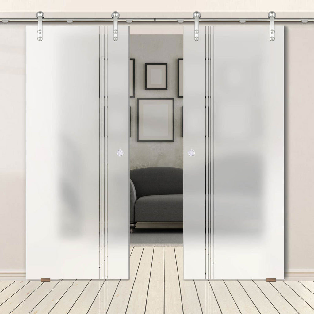 Double Glass Sliding Door - Solaris Tubular Stainless Steel Sliding Track & Juniper 8mm Obscure Glass - Clear Printed Design