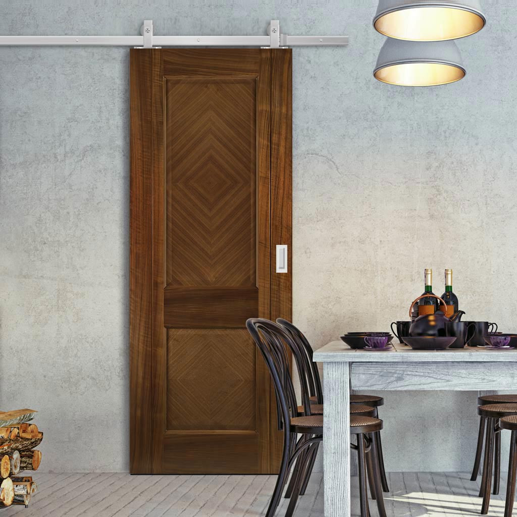 Top Mounted Stainless Steel Sliding Track & Kensington Prefinished Walnut Door - 2 Panels