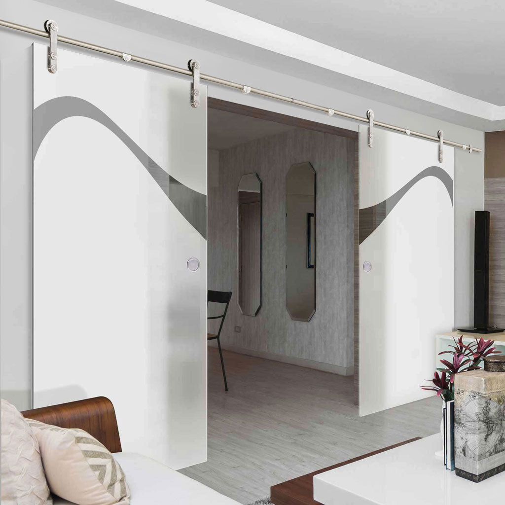 Double Glass Sliding Door - Solaris Tubular Stainless Steel Sliding Track & Kingston 8mm Obscure Glass - Clear Printed Design