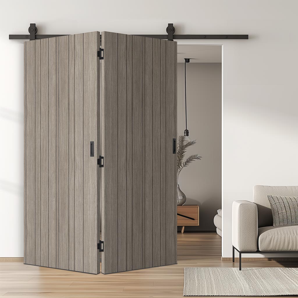 SpaceEasi Top Mounted Black Folding Track & Double Door  - Laminate Montreal Light Grey Door - Prefinished