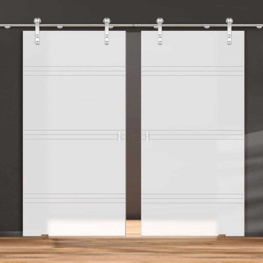 Double Glass Sliding Door - Solaris Tubular Stainless Steel Sliding Track & Lauder 8mm Obscure Glass - Obscure Printed Design