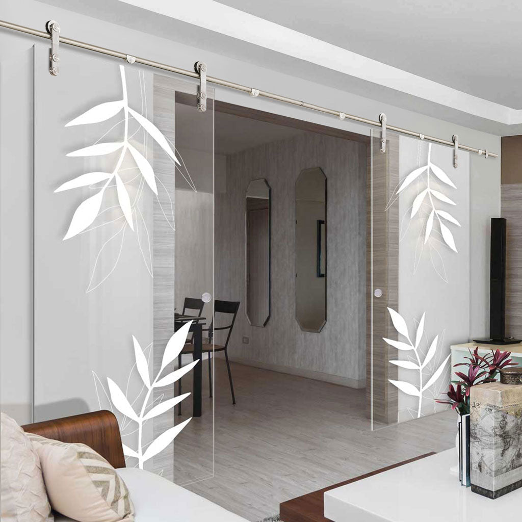 Double Glass Sliding Door - Solaris Tubular Stainless Steel Sliding Track & Leaf Print 8mm Clear Glass - Obscure Printed Design