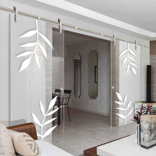 Image: Double Glass Sliding Door - Solaris Tubular Stainless Steel Sliding Track & Leaf Print 8mm Clear Glass - Obscure Printed Design