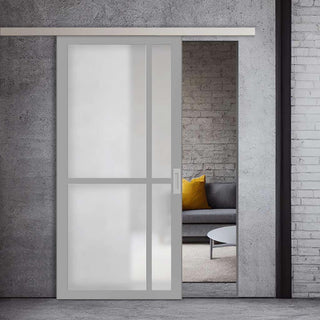 Image: Single Sliding Door & Premium Wall Track - Eco-Urban® Marfa 4 Pane Door DD6313SG - Frosted Glass - 6 Colour Options