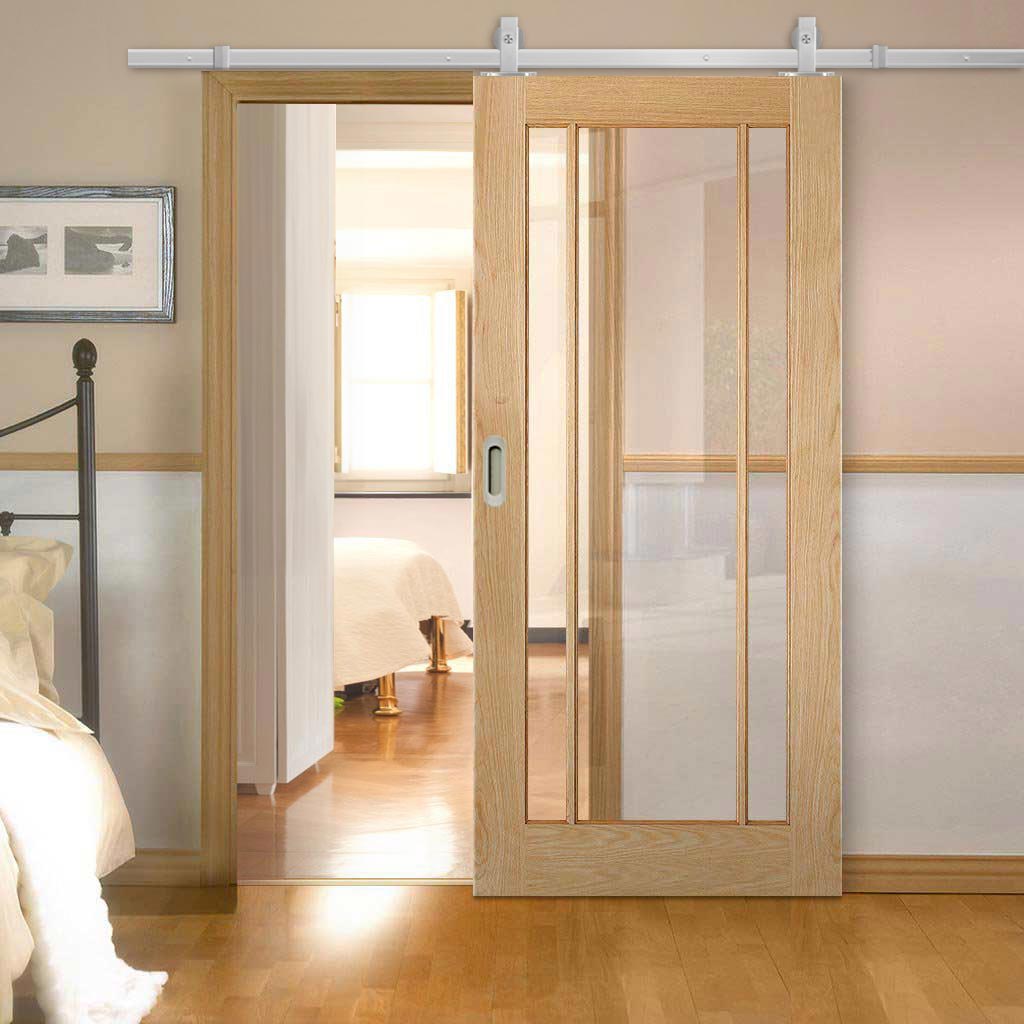 Top Mounted Stainless Steel Sliding Track & Door - Lincoln 3 Pane Oak Door - Clear Glass - Unfinished