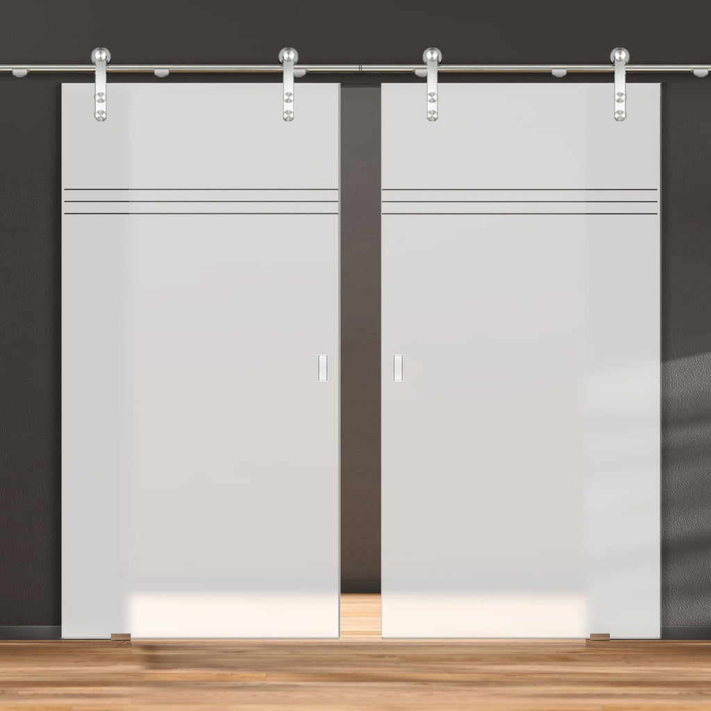 Double Glass Sliding Door - Solaris Tubular Stainless Steel Sliding Track & Linton 8mm Obscure Glass - Clear Printed Design