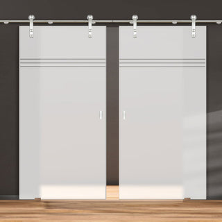 Image: Double Glass Sliding Door - Solaris Tubular Stainless Steel Sliding Track & Linton 8mm Obscure Glass - Clear Printed Design