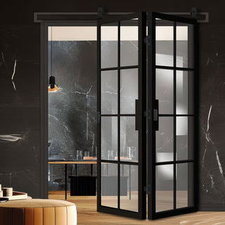 Image: Sliding Top Mounted Black Folding Track & Double Door - Malvern Black Internal Door - Clear Glass - Prefinished